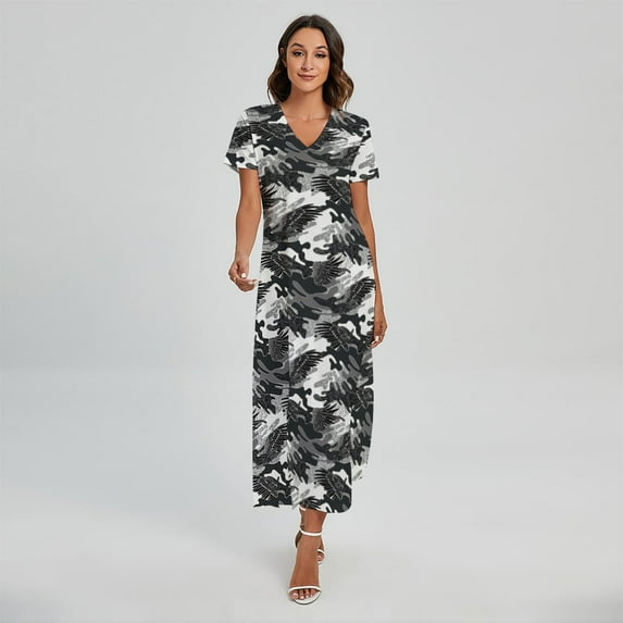 Camouflage Dazzle Wings Pattern Printed Short Sleeve Maxi Dress, Camo Camouflage Fashion Summer Maxi Dress For Women
