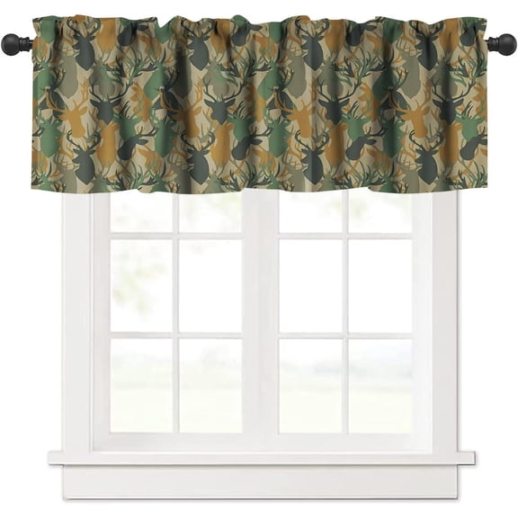 Camouflage Deer Kitchen Valance, Vintage Camo Green Black Rustic Cabin Wildlife Hunting Deers Blackout Short Window Curtain Valance for Kitchen Bedroom Livingroom, 54x18inch