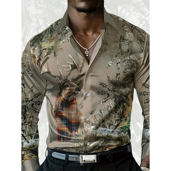 Camouflage Deer Printed Mens Shirts Casual Button Down Dress Shirt Long Sleeve Hawaiian Tops Multicolor XL