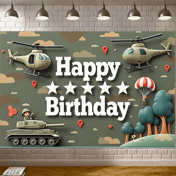 Camouflage Design Birthday Banner Army Theme Helicopter Motif Tank Graphic Adventure for Kids Party Celebration Outdoor Venue Event Background