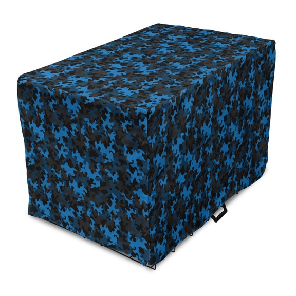 Camouflage Dog Crate Cover, Dark Toned Pattern Equipment and Hiding Uniform Attire Design, Easy to Use Pet Kennel Cover for Medium Large Dogs, 35" x 23" x 27", Army Green Black and Blue, by Ambesonne