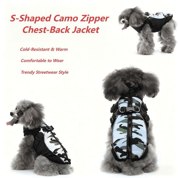 Camouflage Dog Winter Coat, Zip-Up Jacket with Built-in Harness & Leash Clip, Warm Padded Cotton Apparel for Small Medium Dogs, Outdoor Puppy Clothing blue M 6.6-8.8 lbs