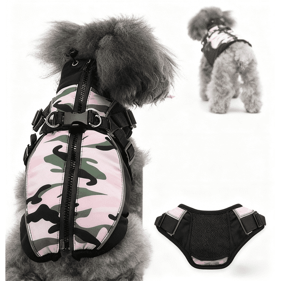 Camouflage Dog Winter Coat, Zip-Up Jacket with Built-in Harness & Leash Clip, Warm Padded Cotton Apparel for Small Medium Dogs, Outdoor Puppy Clothing pink XL 12.1-16.5 lbs