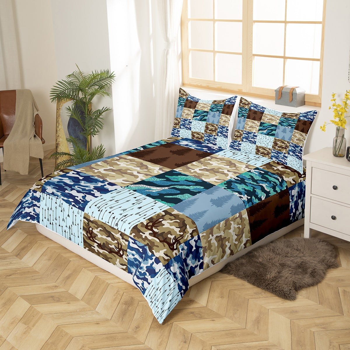 Camouflage Duvet Cover King Elk Deer Antlers Bedding Set for Kids Teens