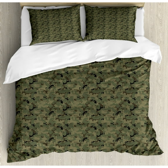 Camouflage Duvet Cover Set King Size, Digital Pixel Design Repeating Camo Pattern, Decorative 3 Piece Bedding Set with 2 Pillow Shams, Army Green Slate Brown Charcoal Grey Dark Taupe, by Ambesonne
