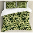 thumbnail image 1 of Camouflage Duvet Cover Set Queen Size, Clothing Motif with Pale Toned Color Splashes Abstract Patterned Illustration, Decorative 3 Piece Bedding Set with 2 Pillow Shams, Green Yellow, by Ambesonne, 1 of 3