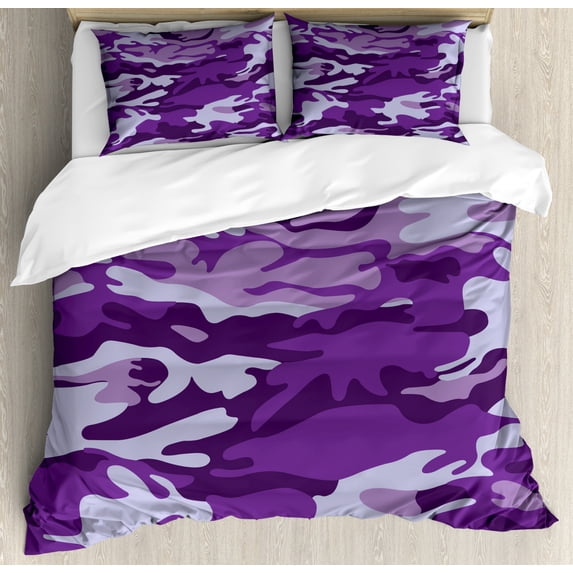 Camouflage Duvet Cover Set Queen Size, Vibrant Color Abstract Style Splashes Design Pattern Hunting Hobby Print, Decorative 3 Piece Bedding Set with 2 Pillow Shams, Purple Pale Grey, by Ambesonne