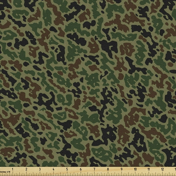 Ambesonne Camouflage Fabric by the Yard Upholstery, Green Forest Motif, 3 Yards, Green Brown Black