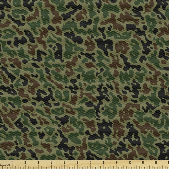 Ambesonne Camouflage Fabric by the Yard Upholstery, Green Forest Motif, 5 Yards, Green Brown Black