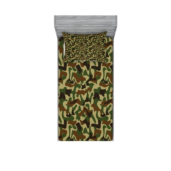 Camouflage Fitted Sheet & Pillow Sham Set, Squad Uniform Design with Vivid Color Scheme Hunting Camouflage Pattern, Decorative 4 Piece Bedding Decor Set, Twinxl, Green Brown Khaki, by Ambesonne