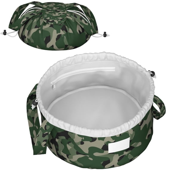 Camouflage Full Print Drawstring Cosmetic & Makeup Bag – Large Portable Makeup Organizer with Inner Zipper Pocket & Mesh Compartment, Travel Toiletry Bag for Women