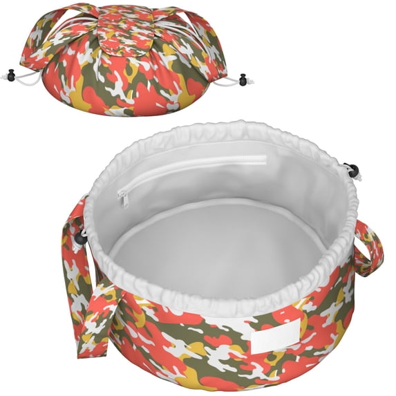 Camouflage Full Print Drawstring Cosmetic & Makeup Bag – Large Portable Makeup Organizer with Inner Zipper Pocket & Mesh Compartment, Travel Toiletry Bag for Women