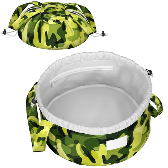 Camouflage Full Print Drawstring Cosmetic & Makeup Bag – Large Portable Makeup Organizer with Inner Zipper Pocket & Mesh Compartment, Travel Toiletry Bag for Women