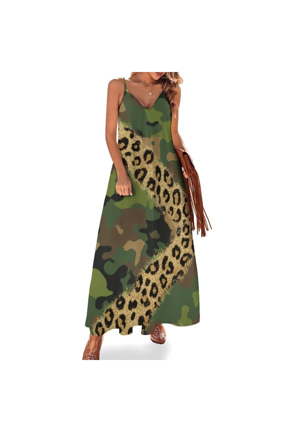 Camouflage Glitter Leopard Print Sleeveless Suspender Dress Summer Fashion Casual Long Dress