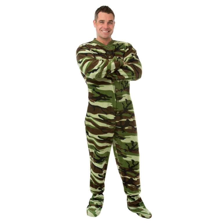 Camouflage Green Camo Micro polar Fleece Adult Footed Pajamas
