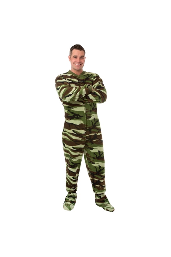 Big Feet PJs Adult Green Camo Micro-Polar Fleece Footed Pajamas Sleeper with Drop Seat