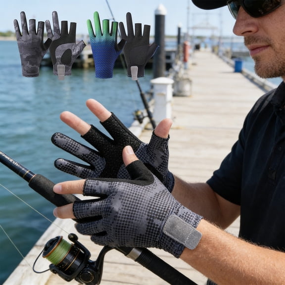 Camouflage Half Finger Fishing Sun Gloves, Breathable & Wear Resistant, Non-Slip Grip for Outdoor Fishing, Hiking & Camping, Summer UV Protection Lightweight Gloves for Men & Anglers, Blue