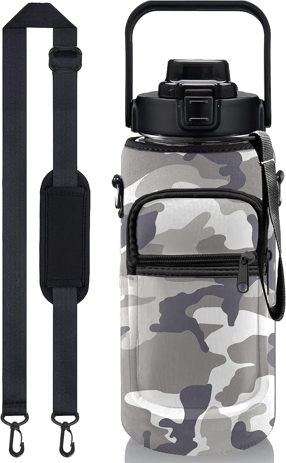 Camouflage Half Gallon Water Bottle with Sleeve 1/2 Gallon Water Bottle 64 Oz Water Bottle with Time Marker, Motivational Water Bottle Half Gallon Water Bottle with Straw for Women Gym Yoga Pregnance