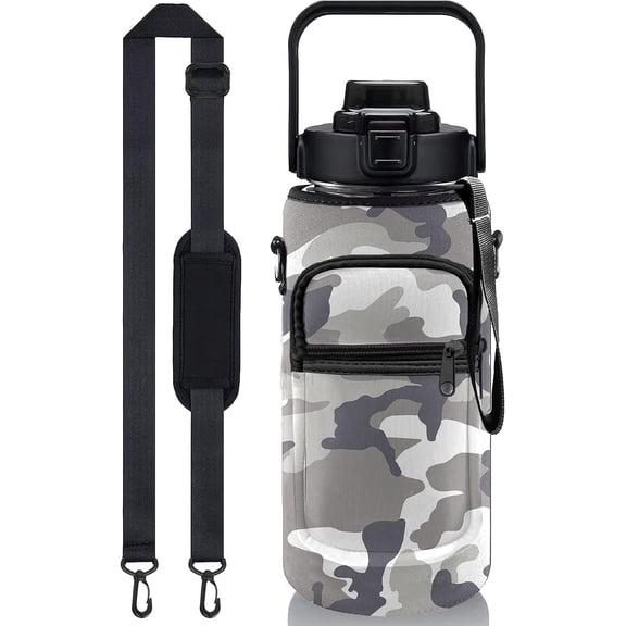 Camouflage Half Gallon Water Bottle with Sleeve 1/2 Gallon Water Bottle 64 Oz Water Bottle with Time Marker, Motivational Water Bottle Half Gallon Water Bottle with Straw for Women Gym Yoga Pregnance