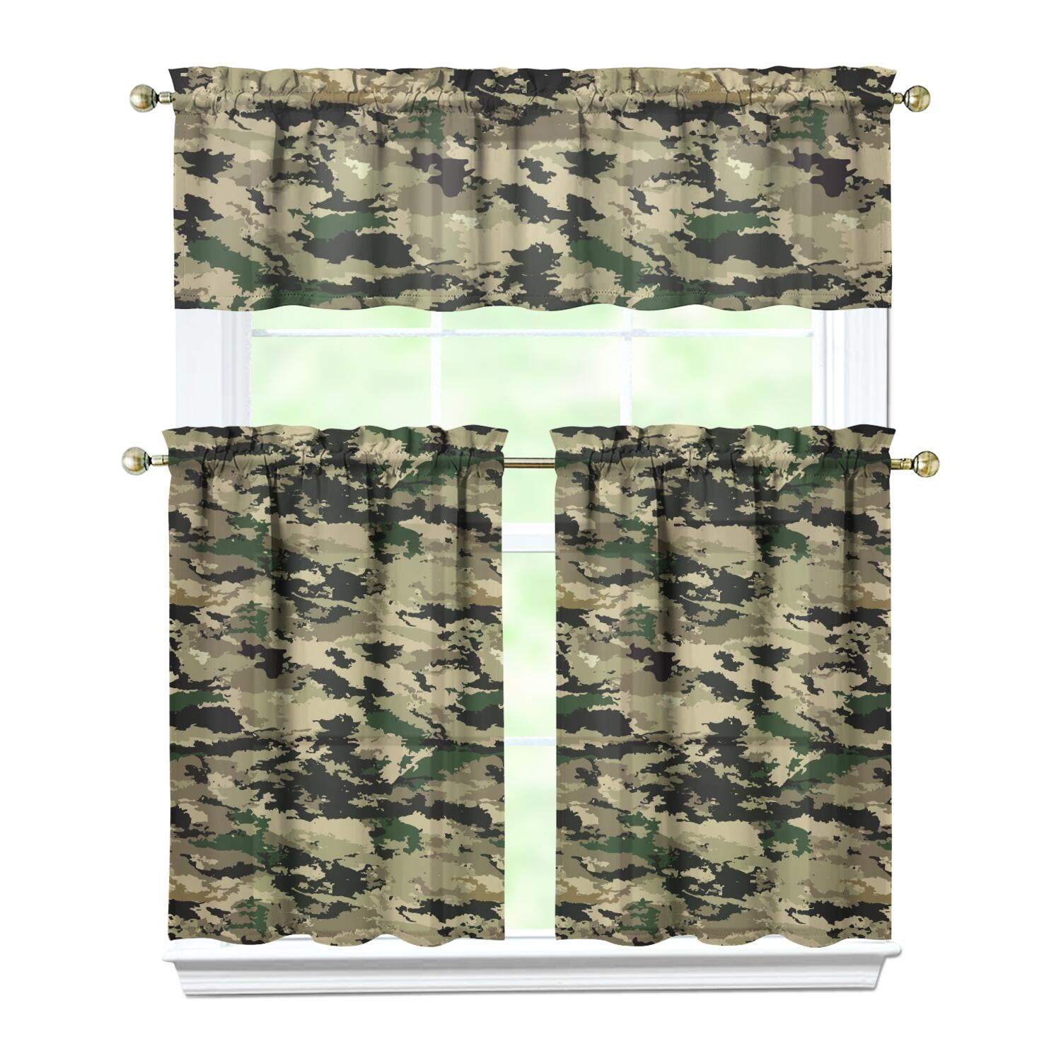Camouflage Kitchen Curtains Set Tier and Valance Camo Hunting Camo ...