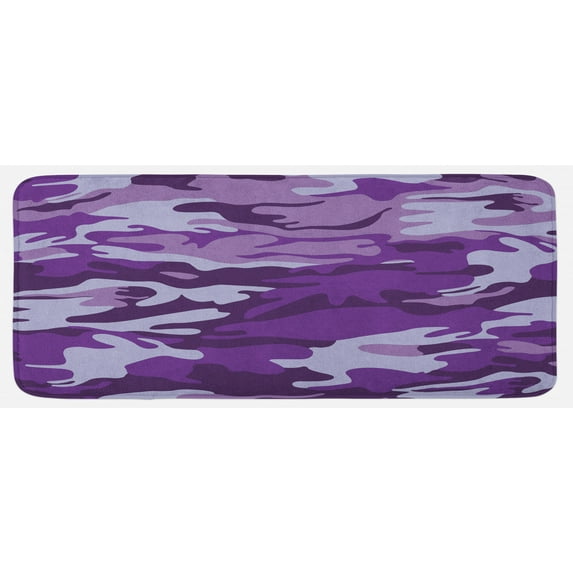 Camouflage Kitchen Mat, Vibrant Color Abstract Style Splashes Design Pattern Hunting Hobby Print, Plush Decorative Kitchen Mat with Non Slip Backing, 47" X 19", Purple Pale Grey, by Ambesonne