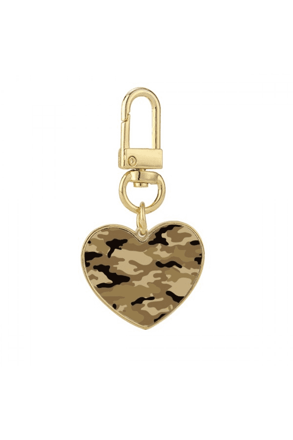 Camouflage Line Art Grain Illustration Pattern Gold Heart Keychain Metal Keyring Holder