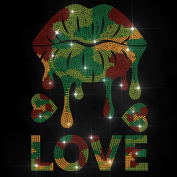 Camouflage Lip Iron on Rhinestone Decal Love Lipstick Hotfix Transfer Sticker Heart Heat Transfer Patch Bling Clothing Repair Applique for T-Shirt Hat Jacket Garment Bag DIY Decor