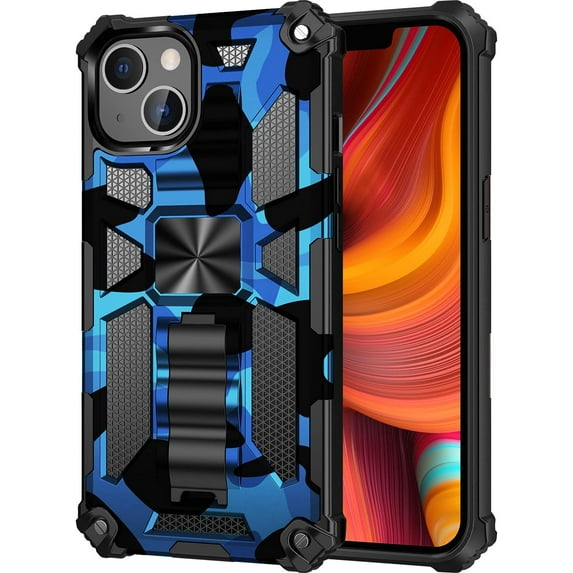 Camouflage Magnetic Kickstand Case for Apple iPhone 14, Military Grade Heavy Duty Shockproof Protection Army Camo Phone Cover Case for iPhone 14 MC Dark Blue