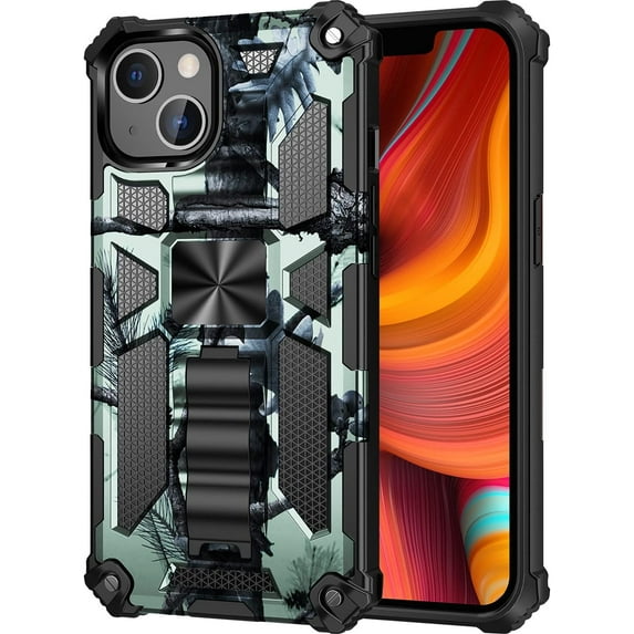 Camouflage Magnetic Kickstand Case for Apple iPhone 14 Plus, Military Grade Heavy Duty Shockproof Protection Army Camo Phone Cover Case for iPhone 14 Plus MC Mint Green