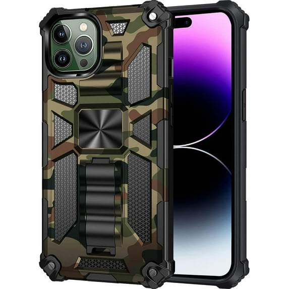 Camouflage Magnetic Kickstand Case for Apple iPhone 14 Pro, Military Grade Heavy Duty Shockproof Protection Army Camo Phone Cover Case for iPhone 14 Pro MC Army Green