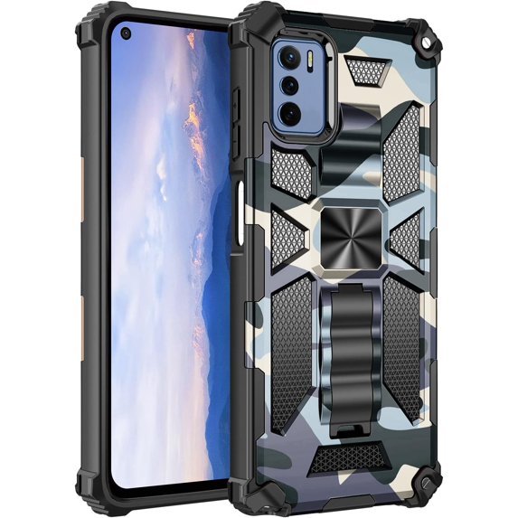 Camouflage Magnetic Kickstand Case for Oppo A55 5G/A16/A54 4G, Military Grade Heavy Duty Shockproof Protection Army Camo Phone Cover Case for Oppo A16/A16s MC Light Blue