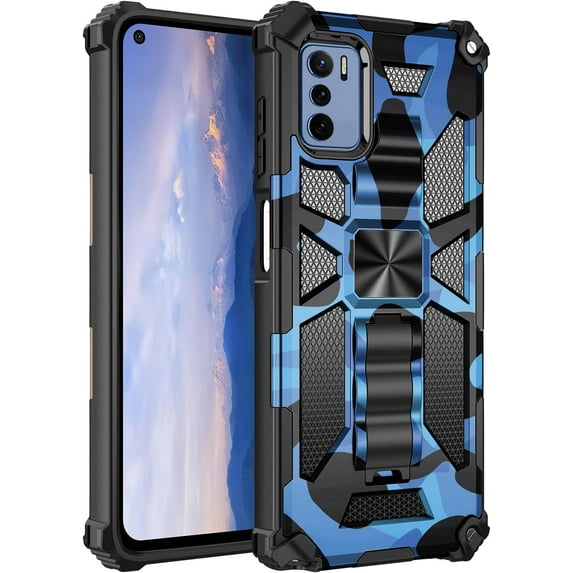 Camouflage Magnetic Kickstand Case for Oppo A55 5G/A16/A54 4G, Military Grade Heavy Duty Shockproof Protection Army Camo Phone Cover Case for Oppo A16/A16s MC Dark Blue