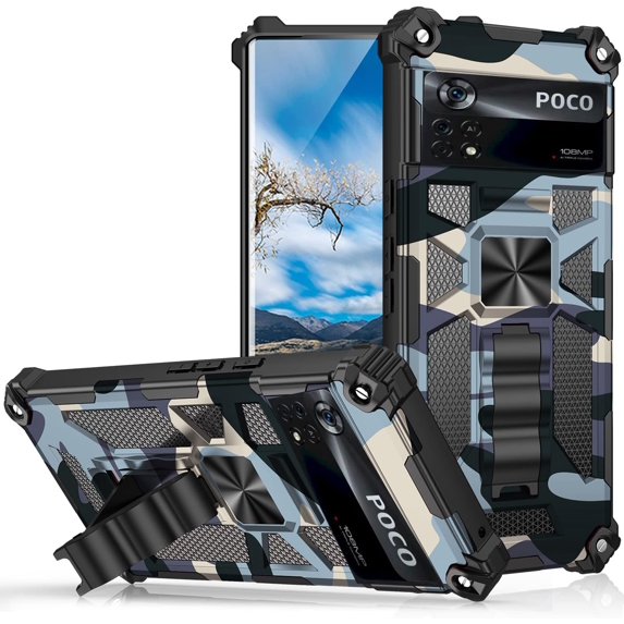 Camouflage Magnetic Kickstand Case for Xiaomi Poco X4 Pro 5G (Not 4G), Military Grade Heavy Duty Shockproof Protection Army Camo Phone Cover for Xiaomi Poco X4 Pro 5G MC Light Blue