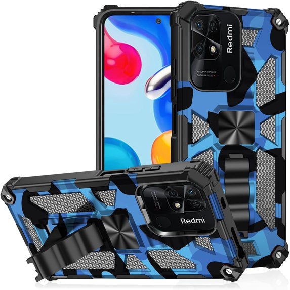 Camouflage Magnetic Kickstand Case for Xiaomi Redmi 10C/Poco C40, Military Grade Heavy Duty Shockproof Protection Army Camo Phone Cover Case for Xiaomi Poco C40/Redmi 10C MC Dark Blue