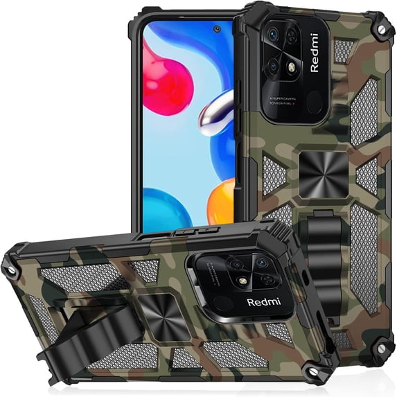 Camouflage Magnetic Kickstand Case for Xiaomi Redmi 10C/Poco C40, Military Grade Heavy Duty Shockproof Protection Army Camo Phone Cover Case for Xiaomi Poco C40/Redmi 10C MC Army Green