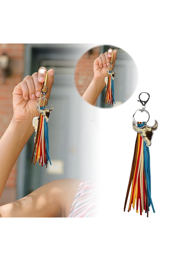 Camouflage Metal Accessory Charm Keychain, Color Fringe Diamond Studded Bull Head, Exaggerated Wild Style Bag Ornament