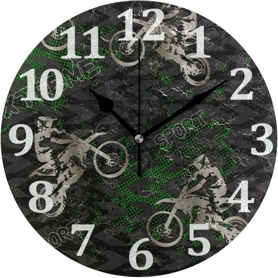Camouflage Motocross Riding Wall Clock Round Vintage Silent Non Ticking Battery Operated Accurate Arabic Numerals Design Decorative for Home Kitchen Living Room Bedroom 10 Inch