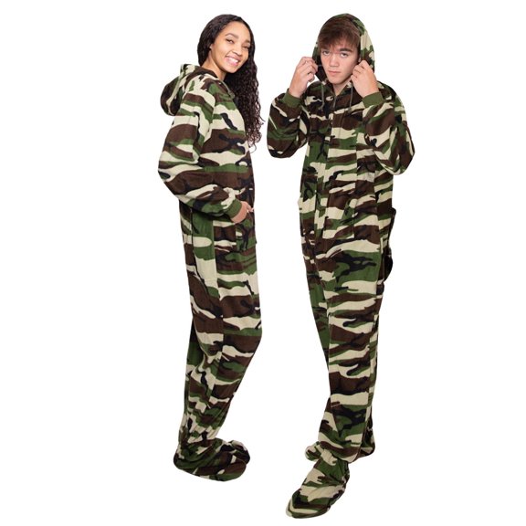 Camouflage One-Piece Hoodie Footed Pajama with Drop Seat |Fleece, with Hood, with Feet|Unisex Adult Men & Women One-Piece Sleepwear