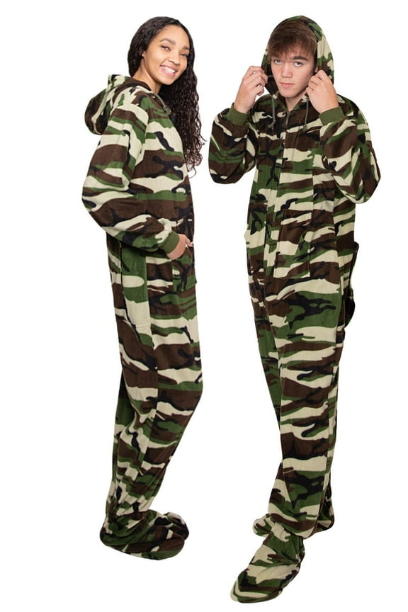Camouflage One-Piece Hoodie Footed Pajama with Drop Seat |Fleece, with Hood, with Feet|Unisex Adult Men & Women One-Piece Sleepwear