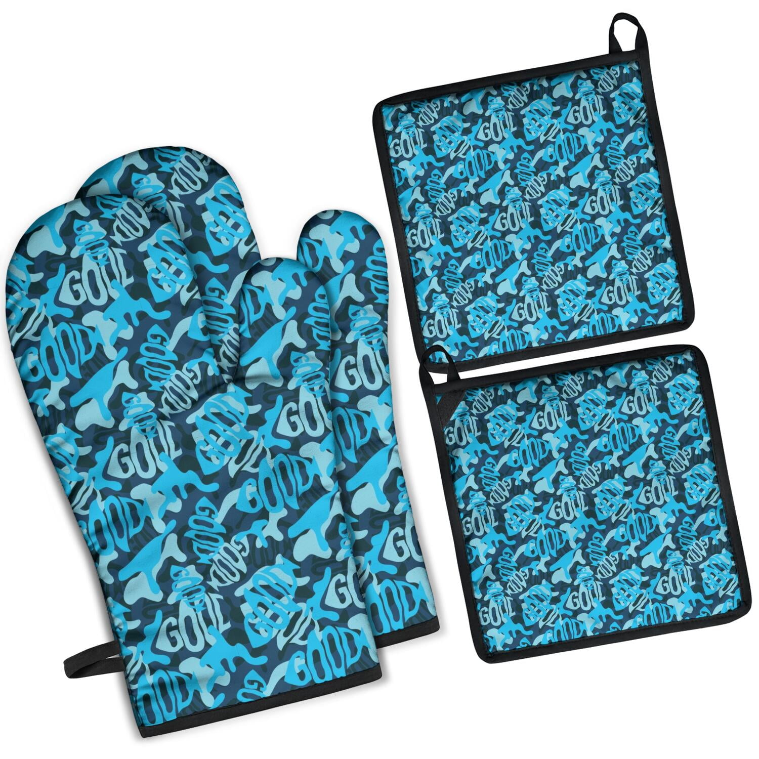 Camouflage Oven Mitts and Pot Holders Set Of 4, Heat Resistant Kitchen Gloves with Non-Slip Grip, Hanging Loop, Soft Cotton Lining for Baking, Cooking, Grilling, Barbecue