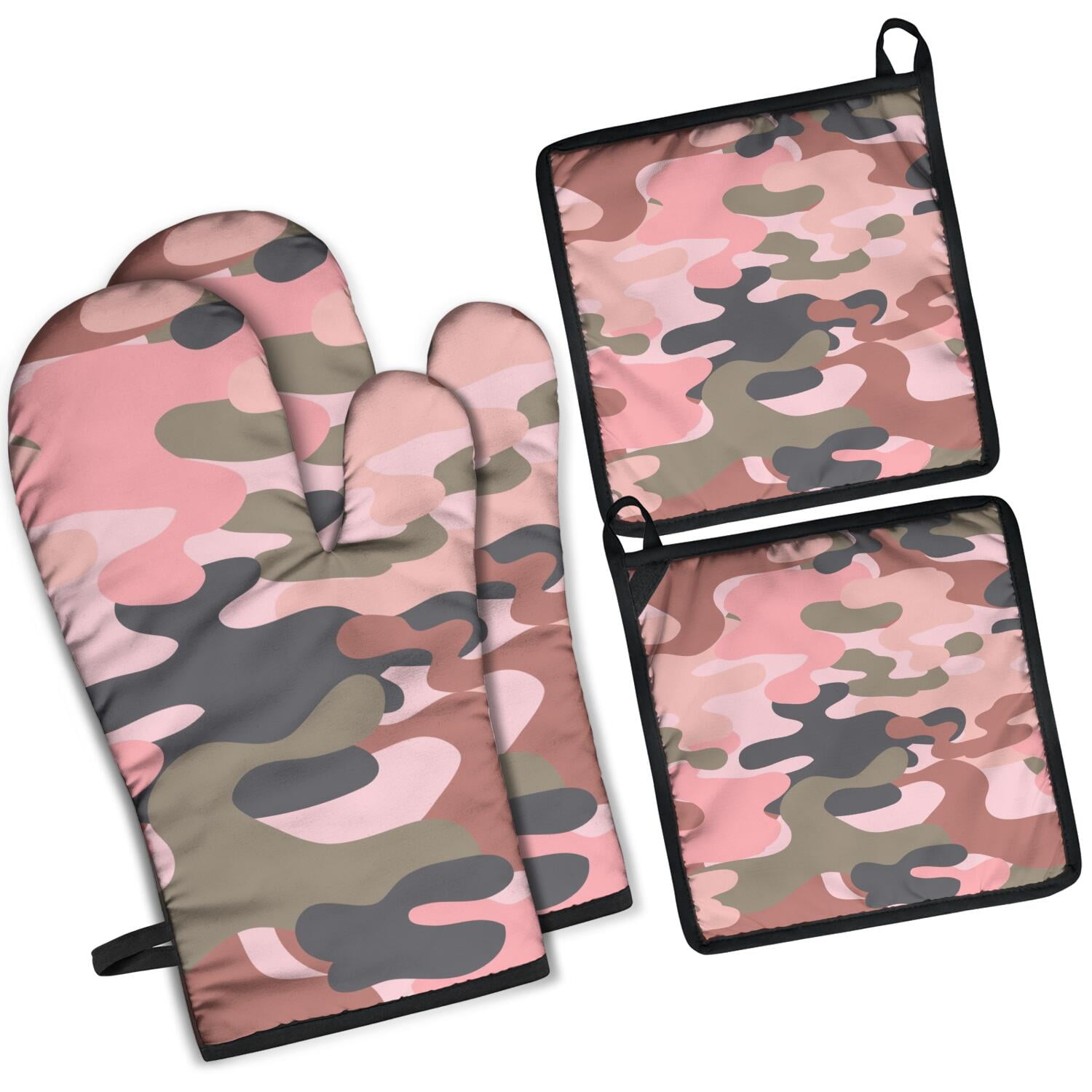 Camouflage Oven Mitts and Pot Holders Set Of 4, Heat Resistant Kitchen Gloves with Non-Slip Grip, Hanging Loop, Soft Cotton Lining for Baking, Cooking, Grilling, Barbecue