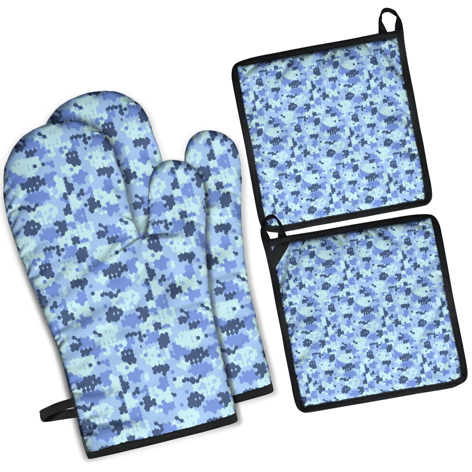 Camouflage Oven Mitts and Pot Holders Set Of 4, Heat Resistant Kitchen Gloves with Non-Slip Grip, Hanging Loop, Soft Cotton Lining for Baking, Cooking, Grilling, Barbecue