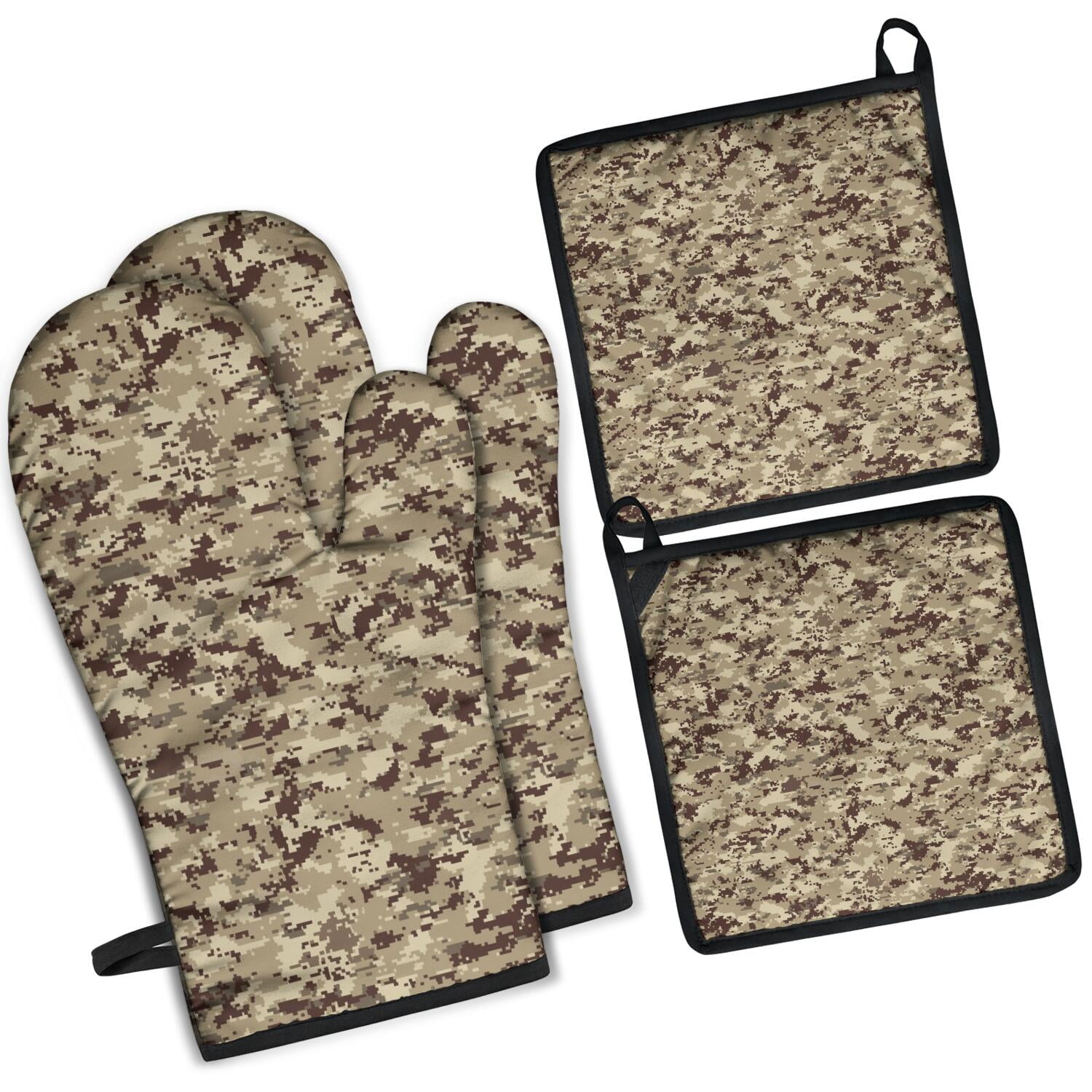 Camouflage Oven Mitts and Pot Holders Set Of 4, Heat Resistant Kitchen Gloves with Non-Slip Grip, Hanging Loop, Soft Cotton Lining for Baking, Cooking, Grilling, Barbecue