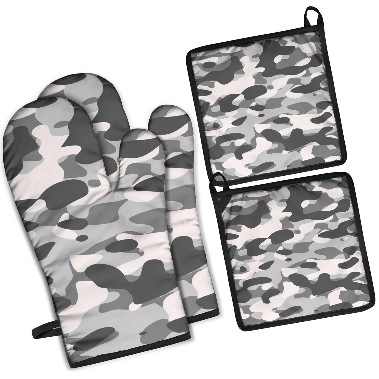 Camouflage Oven Mitts and Pot Holders Set Of 4, Heat Resistant Kitchen Gloves with Non-Slip Grip, Hanging Loop, Soft Cotton Lining for Baking, Cooking, Grilling, Barbecue