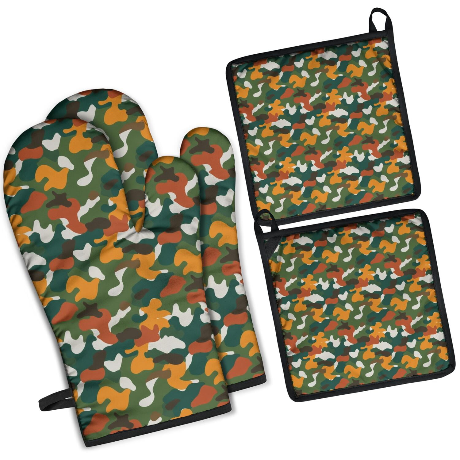 Camouflage Oven Mitts and Pot Holders Set Of 4, Heat Resistant Kitchen Gloves with Non-Slip Grip, Hanging Loop, Soft Cotton Lining for Baking, Cooking, Grilling, Barbecue