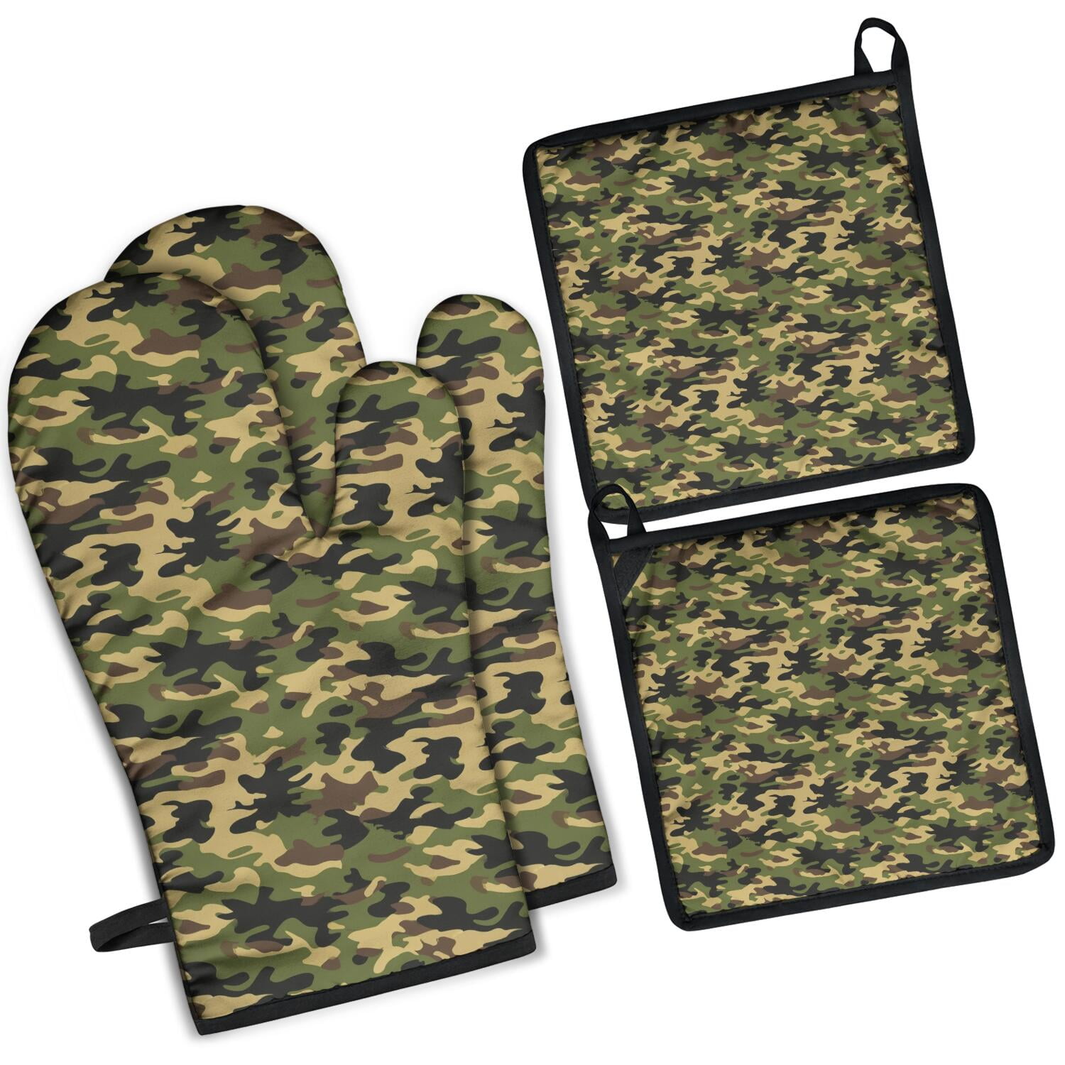 Camouflage Oven Mitts and Pot Holders Set Of 4, Heat Resistant Kitchen Gloves with Non-Slip Grip, Hanging Loop, Soft Cotton Lining for Baking, Cooking, Grilling, Barbecue