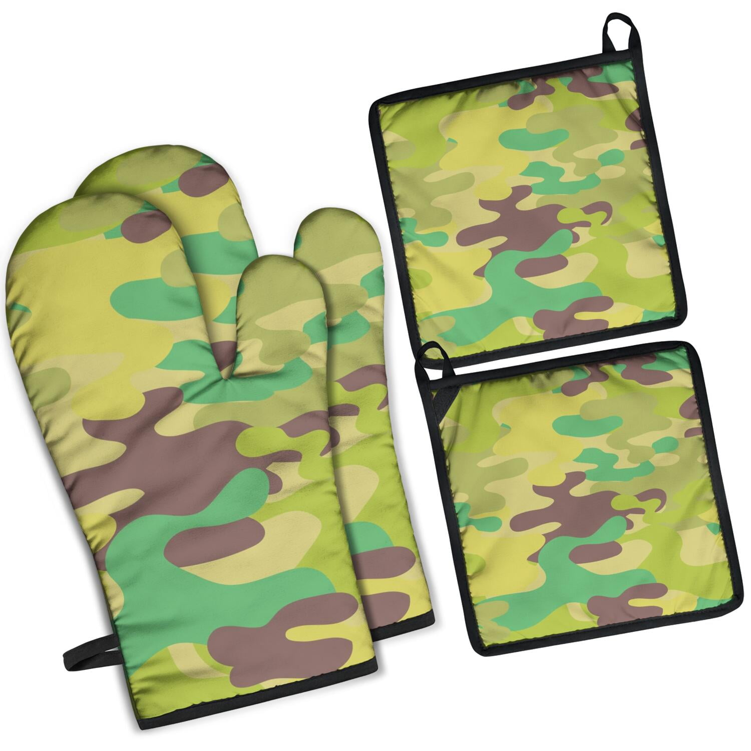 Camouflage Oven Mitts and Pot Holders Set Of 4, Heat Resistant Kitchen Gloves with Non-Slip Grip, Hanging Loop, Soft Cotton Lining for Baking, Cooking, Grilling, Barbecue