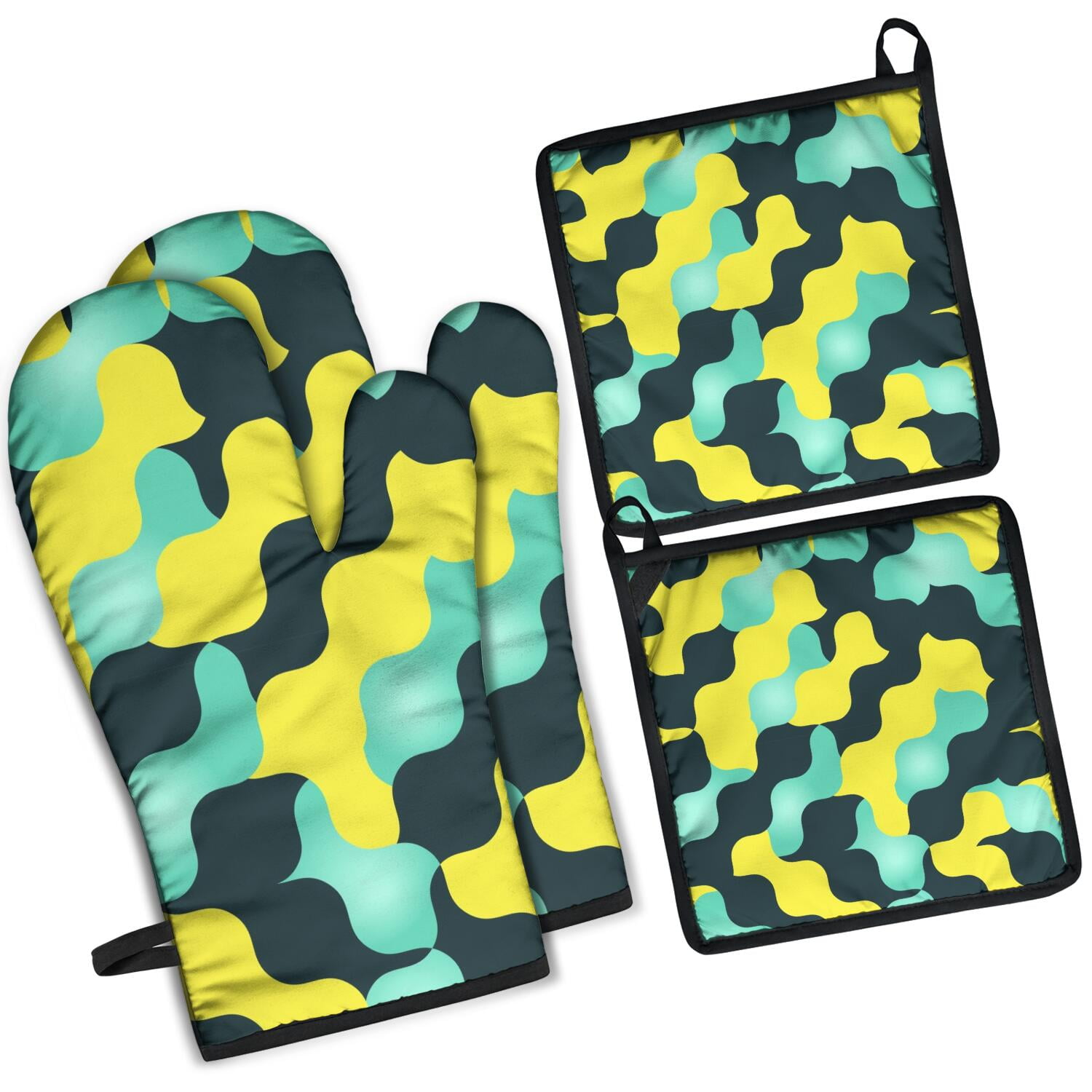 Camouflage Oven Mitts and Pot Holders Set Of 4, Heat Resistant Kitchen Gloves with Non-Slip Grip, Hanging Loop, Soft Cotton Lining for Baking, Cooking, Grilling, Barbecue