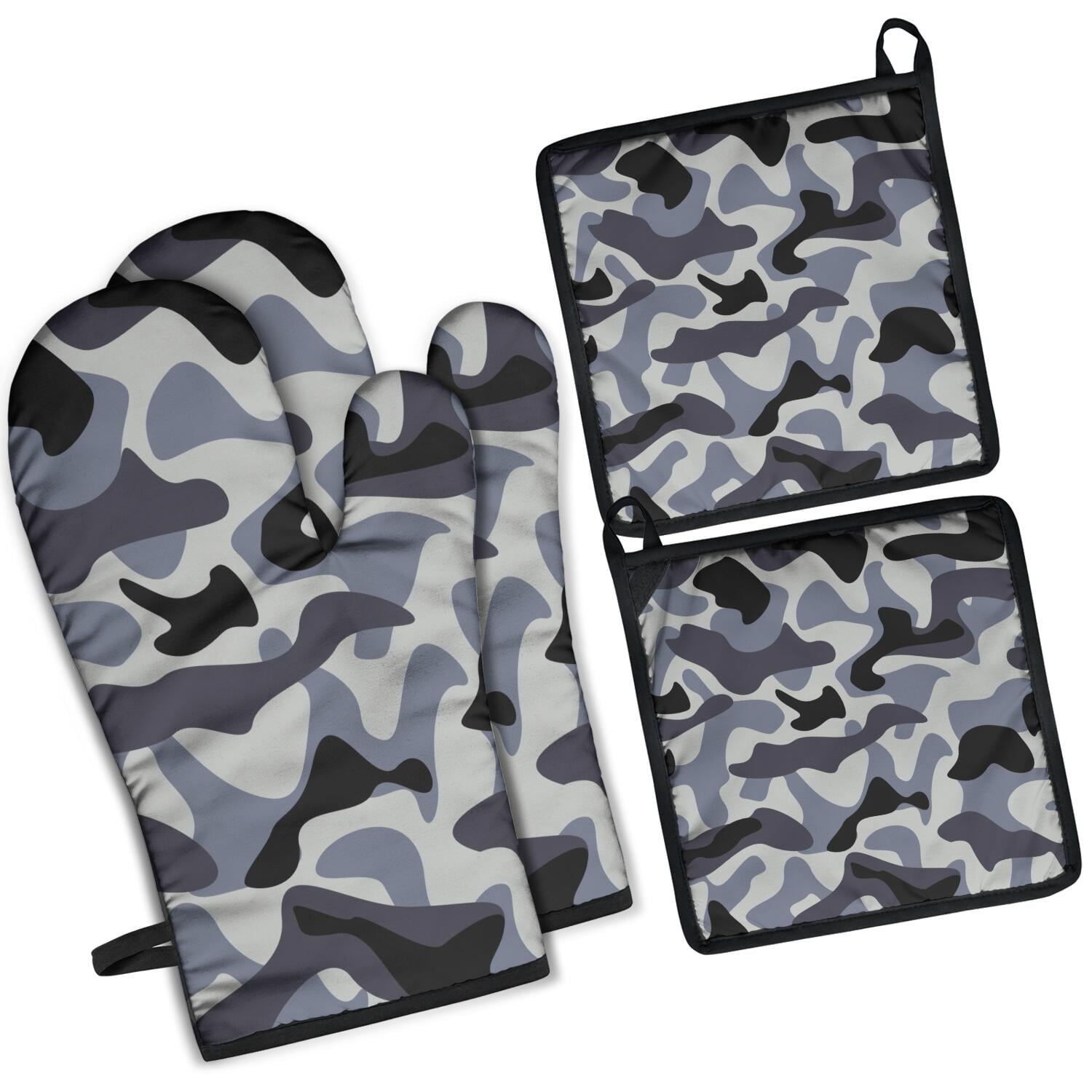 Camouflage Oven Mitts and Pot Holders Set Of 4, Heat Resistant Kitchen Gloves with Non-Slip Grip, Hanging Loop, Soft Cotton Lining for Baking, Cooking, Grilling, Barbecue