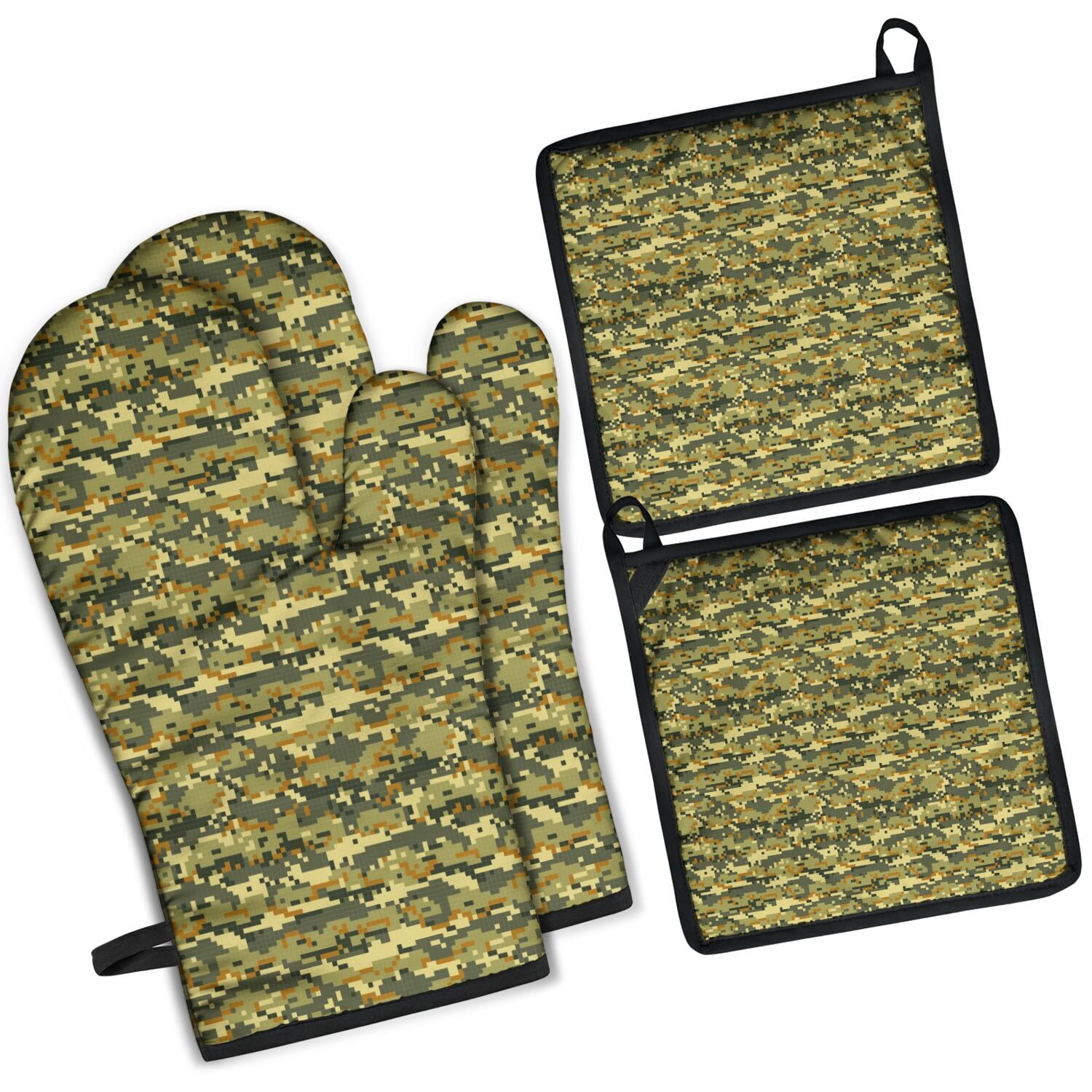 Camouflage Oven Mitts and Pot Holders Set Of 4, Heat Resistant Kitchen Gloves with Non-Slip Grip, Hanging Loop, Soft Cotton Lining for Baking, Cooking, Grilling, Barbecue